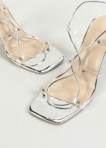 Серебряные босоножки SHEIN на завязках прозрачные, с заклепками