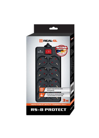 Сетевой фильтр питания RS-8 PROTECT, 1.8m, black (EL122300021) Real-El (251409910)