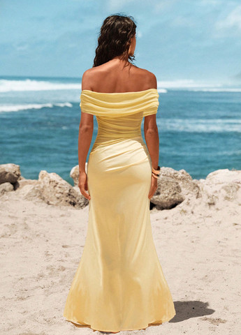 Світло-жовтий святковий, вечірня сукня з відкритими плечима SHEIN однотонна