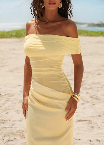 Світло-жовтий святковий, вечірня сукня з відкритими плечима SHEIN однотонна