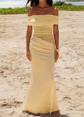 Світло-жовтий святковий, вечірня сукня з відкритими плечима SHEIN однотонна