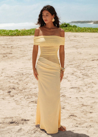 Світло-жовтий святковий, вечірня сукня з відкритими плечима SHEIN однотонна