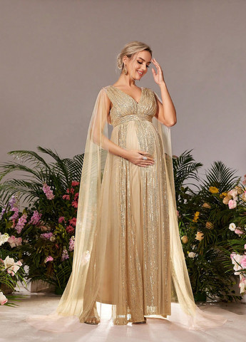 Светло-бежевое вечернее платье для беременных SHEIN однотонное