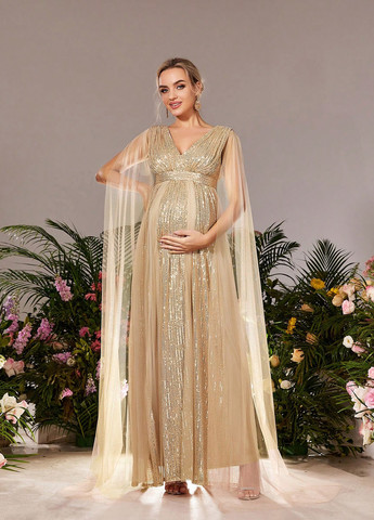 Светло-бежевое вечернее платье для беременных SHEIN однотонное