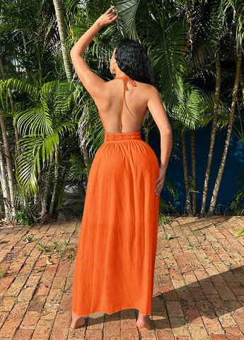 Оранжевое кэжуал, пляжное платье а-силуэт, с открытой спиной SHEIN однотонное