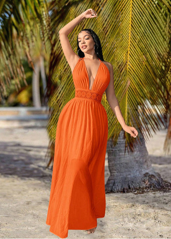 Оранжевое кэжуал, пляжное платье а-силуэт, с открытой спиной SHEIN однотонное