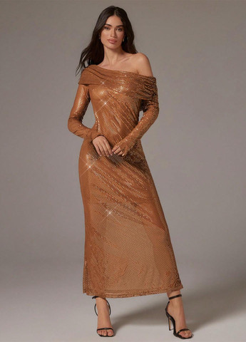 Темно-бежева вечірня сукня з відкритими плечима SHEIN однотонна