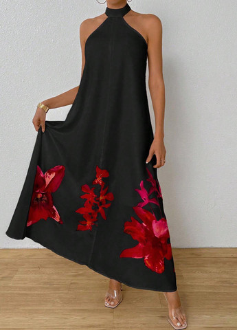 Черное вечернее платье а-силуэт, с открытыми плечами SHEIN с цветочным принтом