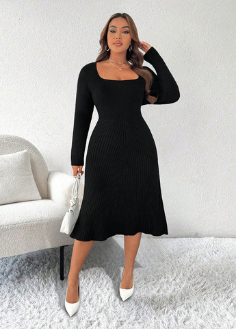 Чорна святковий, вечірня, кежуал сукня кльош, а-силует, сукня светр SHEIN однотонна