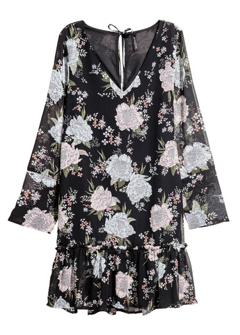 Черное кэжуал платье а-силуэт H&M с цветочным принтом