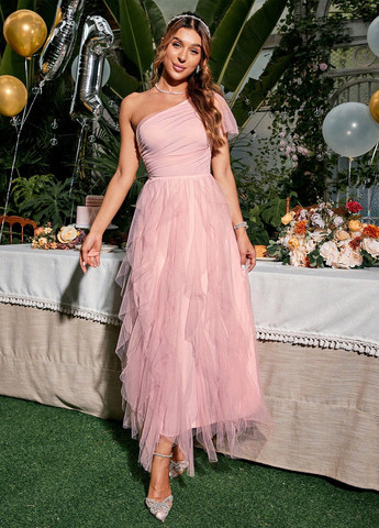 Світло-рожева вечірня, святковий сукня на одне плече SHEIN однотонна