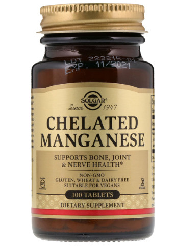 Марганец, Chelated Manganese,, 100 таблеток Solgar (225714596)