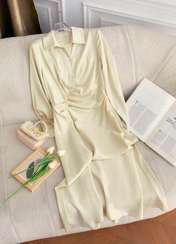 Кремова святковий, вечірня, ділова сукня сукня-сорочка, а-силует SHEIN однотонна