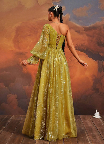 Жовтий вечірня сукня на одне плече SHEIN однотонна