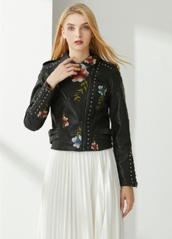 Чорна демісезонна куртка жіноча зі штучної шкіри з вишивкою bright flowers, чорний Berni Fashion 55644