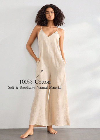 Комбинезон SHEIN комбинезон-брюки однотонный кремовый домашний хлопок