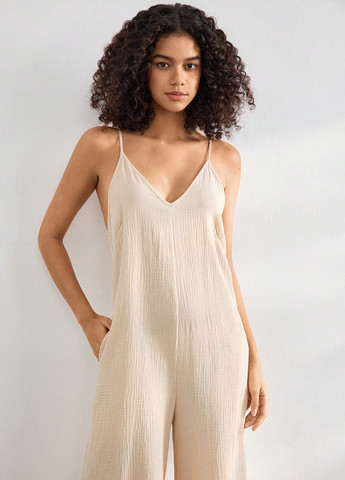 Комбинезон SHEIN комбинезон-брюки однотонный кремовый домашний хлопок