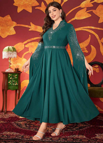 Темно-зелена вечірня сукня з спідницею-сонце SHEIN однотонна