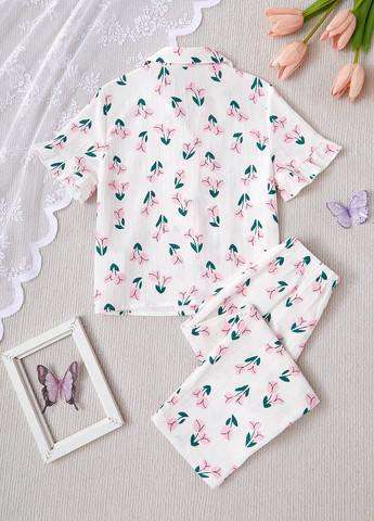 Молочная всесезон пижама (рубашка, брюки) рубашка + брюки SHEIN