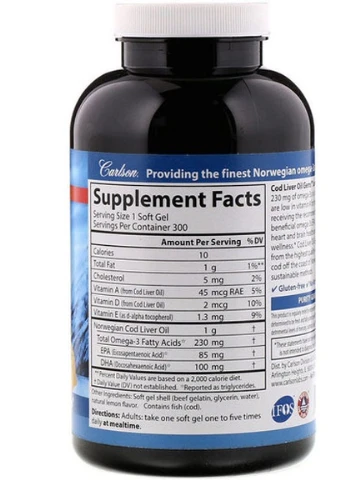 Cod Liver Oil Gems Low Vitamin A 300 Soft Gels Natural Lemon Flavor CAR-01393 Carlson Labs (256380250)