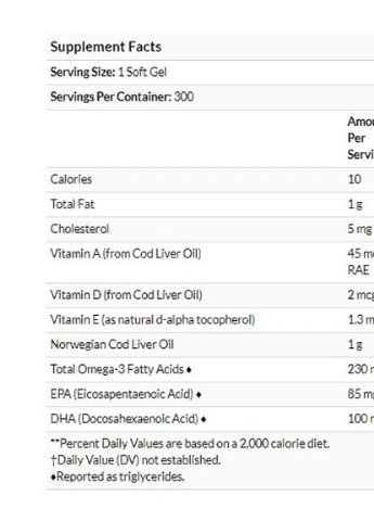 Cod Liver Oil Gems Low Vitamin A 300 Soft Gels Natural Lemon Flavor CAR-01393 Carlson Labs (256380250)