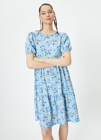 Темно-голубое кэжуал платье а-силуэт KOTON с цветочным принтом