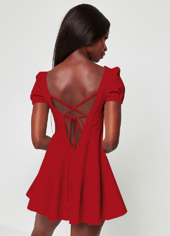 Червона кежуал плаття-туніка міні лляне червоне з відкритою спинкою і пишними рукавами love & live Love&Live однотонна