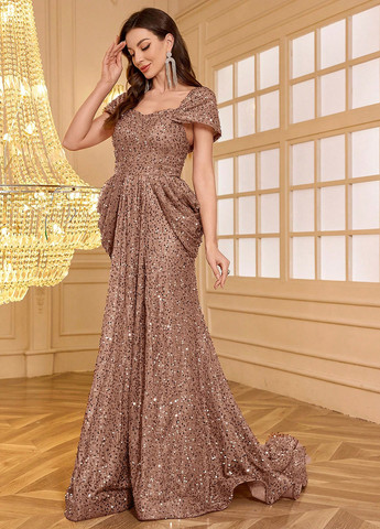 Коричневое вечернее платье со шлейфом SHEIN однотонное