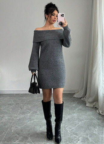 Темно-серое кэжуал платье с открытыми плечами, платье-свитер SHEIN меланжевое