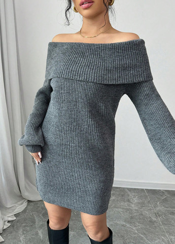Темно-серое кэжуал платье с открытыми плечами, платье-свитер SHEIN меланжевое