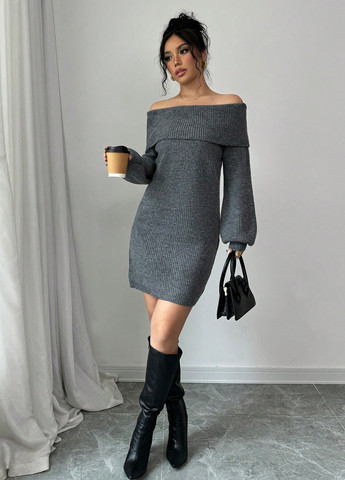 Темно-серое кэжуал платье с открытыми плечами, платье-свитер SHEIN меланжевое