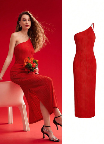 Червона святковий сукня на одне плече SHEIN однотонна