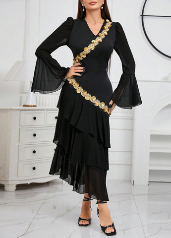 Черное вечернее, праздничный платье SHEIN однотонное