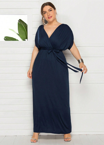 Темно-синее вечернее, кэжуал платье в греческом стиле, на запах, в стиле ампир SHEIN однотонное
