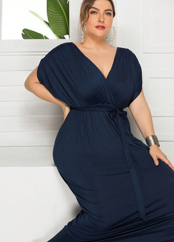 Темно-синее вечернее, кэжуал платье в греческом стиле, на запах, в стиле ампир SHEIN однотонное