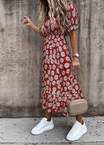 Бордовое кэжуал платье а-силуэт SHEIN с абстрактным узором