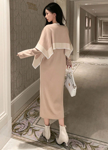 Бежевый демисезонный комплект (платье, накидка) SHEIN