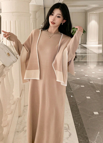 Бежевый демисезонный комплект (платье, накидка) SHEIN