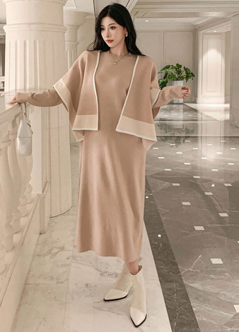 Бежевый демисезонный комплект (платье, накидка) SHEIN