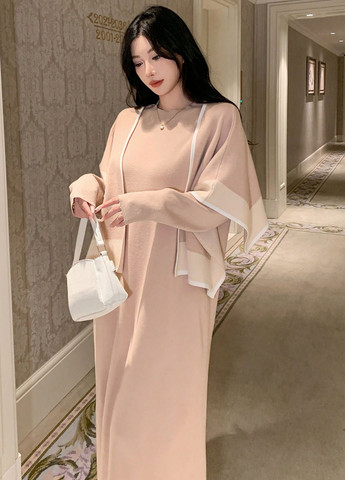 Бежевый демисезонный комплект (платье, накидка) SHEIN