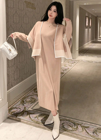 Бежевый демисезонный комплект (платье, накидка) SHEIN