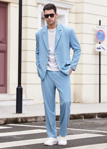 Світло-блакитний демісезонний костюм (піджак, штани) брючний SHEIN