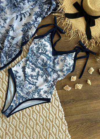 Синій літній пляжний комплект жіночий (купальник, парео) суцільний NOVA VEGA