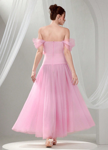 Світло-рожева святковий, вечірня сукня з відкритими плечима SHEIN однотонна