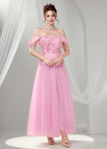 Світло-рожева святковий, вечірня сукня з відкритими плечима SHEIN однотонна