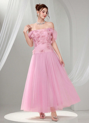 Світло-рожева святковий, вечірня сукня з відкритими плечима SHEIN однотонна