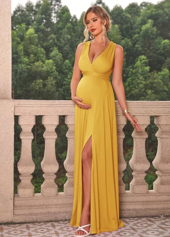 Желтое вечернее платье для беременных а-силуэт SHEIN однотонное