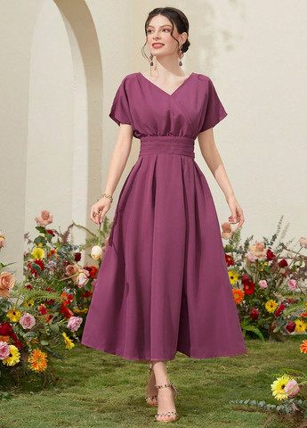 Сливовое кэжуал платье на запах, клеш SHEIN однотонное