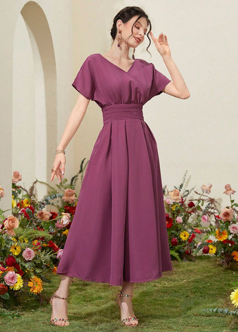 Сливовое кэжуал платье на запах, клеш SHEIN однотонное