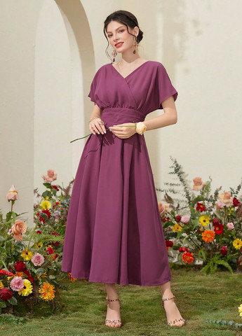 Сливовое кэжуал платье на запах, клеш SHEIN однотонное